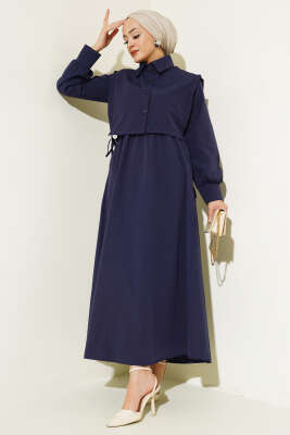 Yelekli Terikoton Elbise Lacivert - Thumbnail