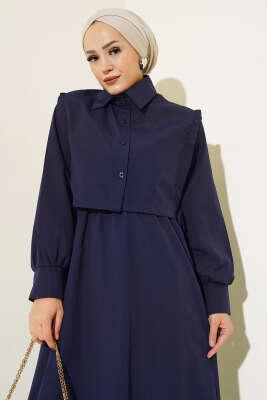 Yelekli Terikoton Elbise Lacivert - Thumbnail