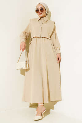 Yelekli Terikoton Elbise Bej - Thumbnail