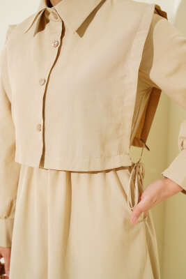 Yelekli Terikoton Elbise Bej - Thumbnail