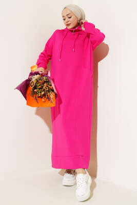 	 Torba Cep Kapüşonlu Elbise Fuşya - Thumbnail