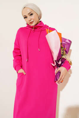 	 Torba Cep Kapüşonlu Elbise Fuşya - Thumbnail