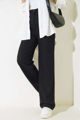 Pile Detaylı Salaş Pantolon Siyah - Thumbnail