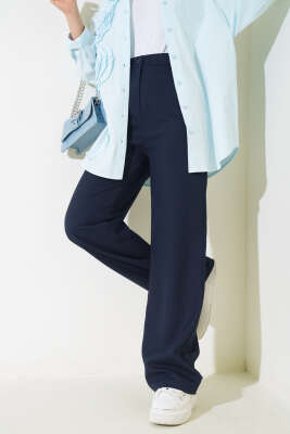 Pile Detaylı Salaş Pantolon Lacivert - Thumbnail