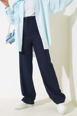 Pile Detaylı Salaş Pantolon Lacivert - Thumbnail