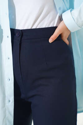 Pile Detaylı Salaş Pantolon Lacivert - Thumbnail