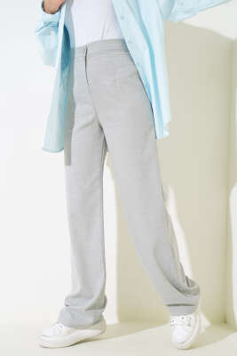 Pile Detaylı Salaş Pantolon Gri - Thumbnail