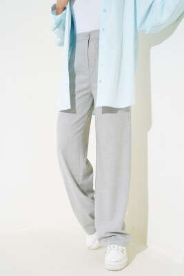 Pile Detaylı Salaş Pantolon Gri - Thumbnail