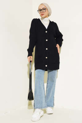 Fitilli Önü Düğmeli Triko Hırka Siyah - Thumbnail