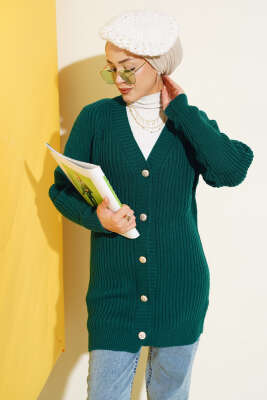 Fitilli Önü Düğmeli Triko Hırka Nefti - Thumbnail