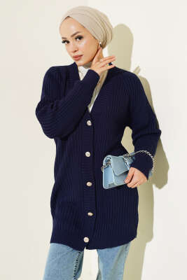 Fitilli Önü Düğmeli Triko Hırka Lacivert - Thumbnail