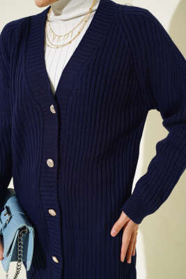 Fitilli Önü Düğmeli Triko Hırka Lacivert - Thumbnail