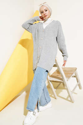 Fitilli Önü Düğmeli Triko Hırka Gri - Thumbnail