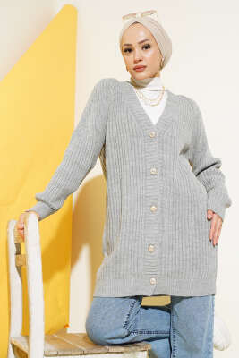 Fitilli Önü Düğmeli Triko Hırka Gri - Thumbnail