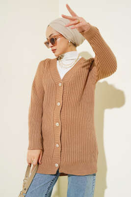 Fitilli Önü Düğmeli Triko Hırka Büsküvi - Thumbnail