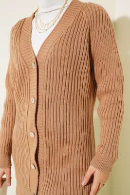 Fitilli Önü Düğmeli Triko Hırka Büsküvi - Thumbnail