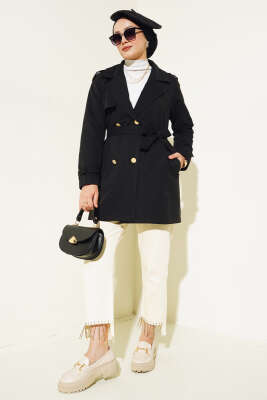 Omuz Apoletli Kısa Trençkot Siyah - Thumbnail