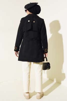 Omuz Apoletli Kısa Trençkot Siyah - Thumbnail