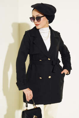 Pazarium - Omuz Apoletli Kısa Trençkot Siyah