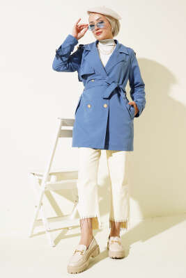 Omuz Apoletli Kısa Trençkot İndigo - Thumbnail