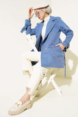 Pazarium - Omuz Apoletli Kısa Trençkot İndigo