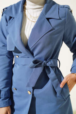 Omuz Apoletli Kısa Trençkot İndigo - Thumbnail