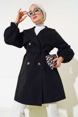 Pazarium - Balon Kol Kuşaklı Kısa Trençkot Siyah