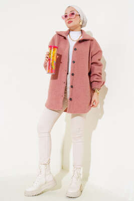 Gömlek Yaka Salaş Buklet Ceket Pudra - Thumbnail