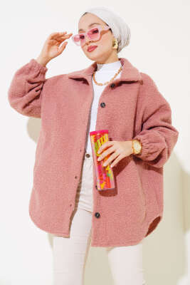 Gömlek Yaka Salaş Buklet Ceket Pudra - Thumbnail