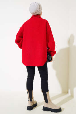 Gömlek Yaka Salaş Buklet Ceket Kırmızı - Thumbnail