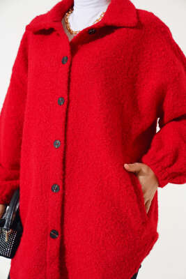 Gömlek Yaka Salaş Buklet Ceket Kırmızı - Thumbnail