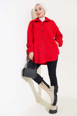 Gömlek Yaka Salaş Buklet Ceket Kırmızı - Thumbnail
