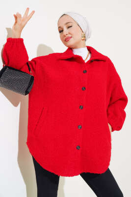 Gömlek Yaka Salaş Buklet Ceket Kırmızı - Thumbnail