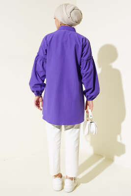 Pileli Çiçek Nakışlı Gömlek Mor - Thumbnail