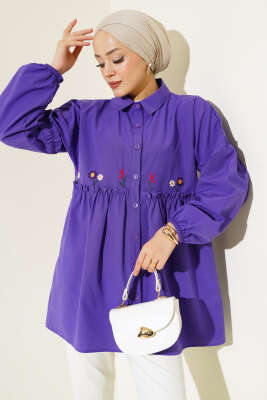Pazarium - Pileli Çiçek Nakışlı Gömlek Mor