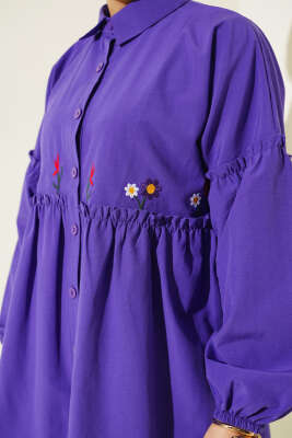 Pileli Çiçek Nakışlı Gömlek Mor - Thumbnail
