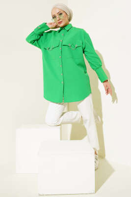 Cep ve Manşet Zincirli Gömlek Yeşil - Thumbnail