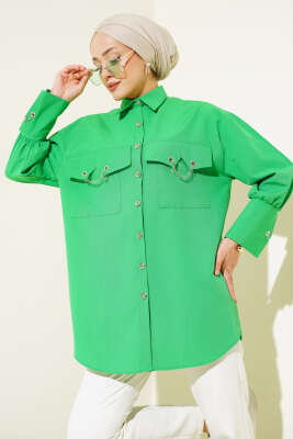 Pazarium - Cep ve Manşet Zincirli Gömlek Yeşil