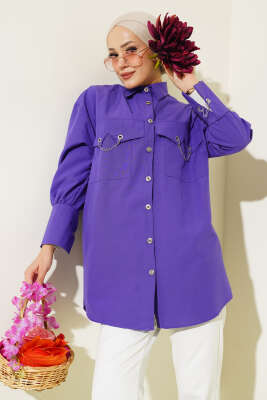 Cep ve Manşet Zincirli Gömlek Mor - Thumbnail