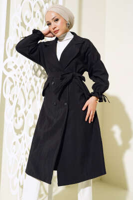 Pazarium - Bileği Tünelli Kuşaklı Trençkot Siyah