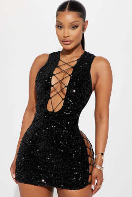 Pullu İpli Fantezi Gecelik Siyah - Thumbnail