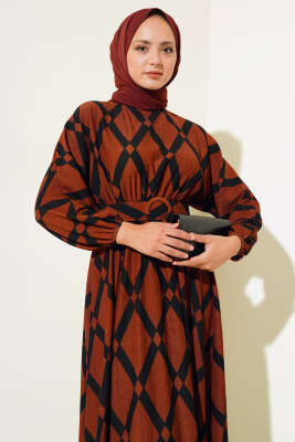 Desenli Yarasa Kol Kemerli Elbise Kiremit - Thumbnail