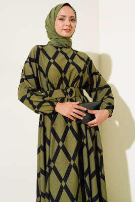 Desenli Yarasa Kol Kemerli Elbise Haki - Thumbnail