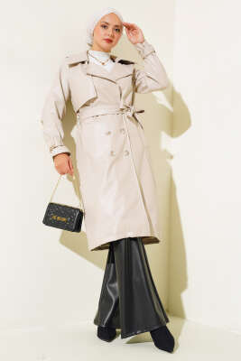 Pazarium - Omuz Apoletli Deri Trençkot Bej