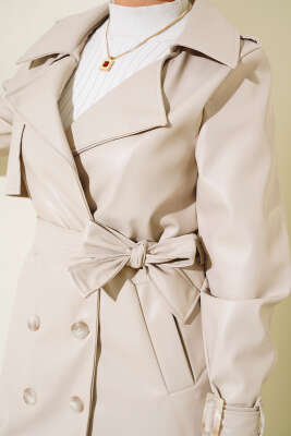 Omuz Apoletli Deri Trençkot Bej - Thumbnail