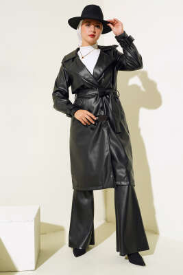 Omuz Apoletli Deri Trençkot Siyah - Thumbnail