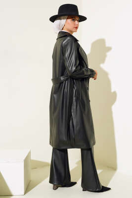 Omuz Apoletli Deri Trençkot Siyah - Thumbnail