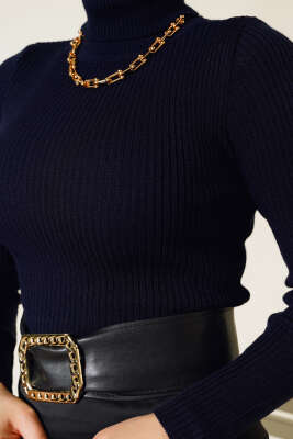 Fitilli Balıkçı Yaka Triko Kazak Lacivert - Thumbnail