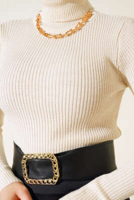 Fitilli Balıkçı Yaka Triko Kazak Taş - Thumbnail