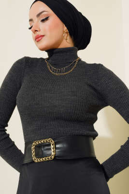 Fitilli Balıkçı Yaka Triko Kazak Antrasit - Thumbnail